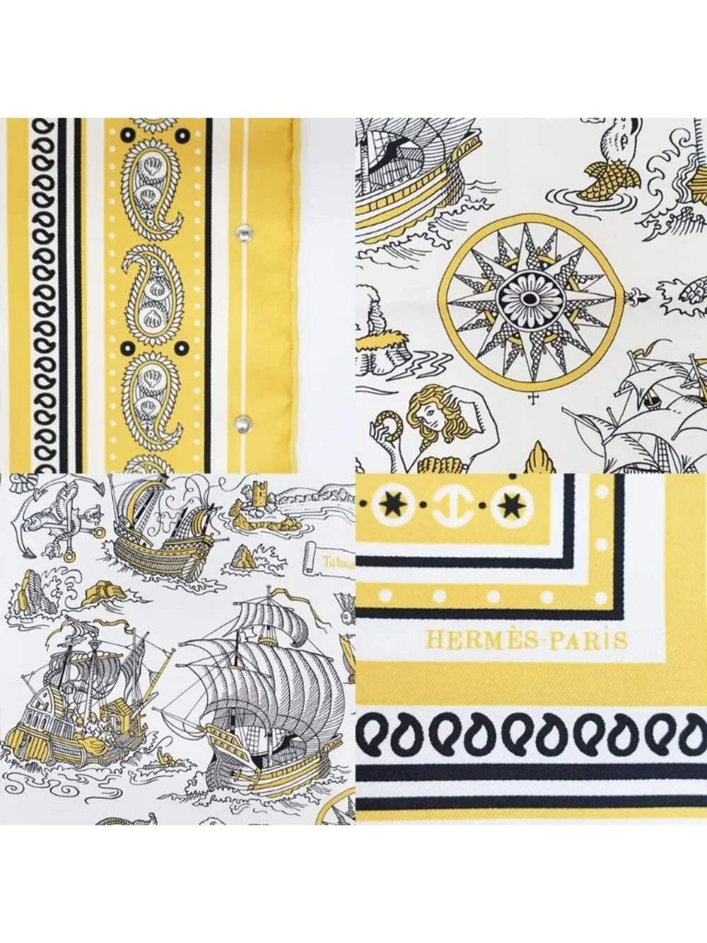 Hermes Heaven Carre 70 Cloete Sailor Tattoo Bandana Scarf Silk Yellow White
